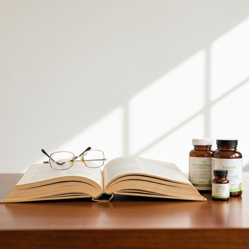 Aufgeschlagenes Buch mit Brille und Zusatzstoffe in Gläsern